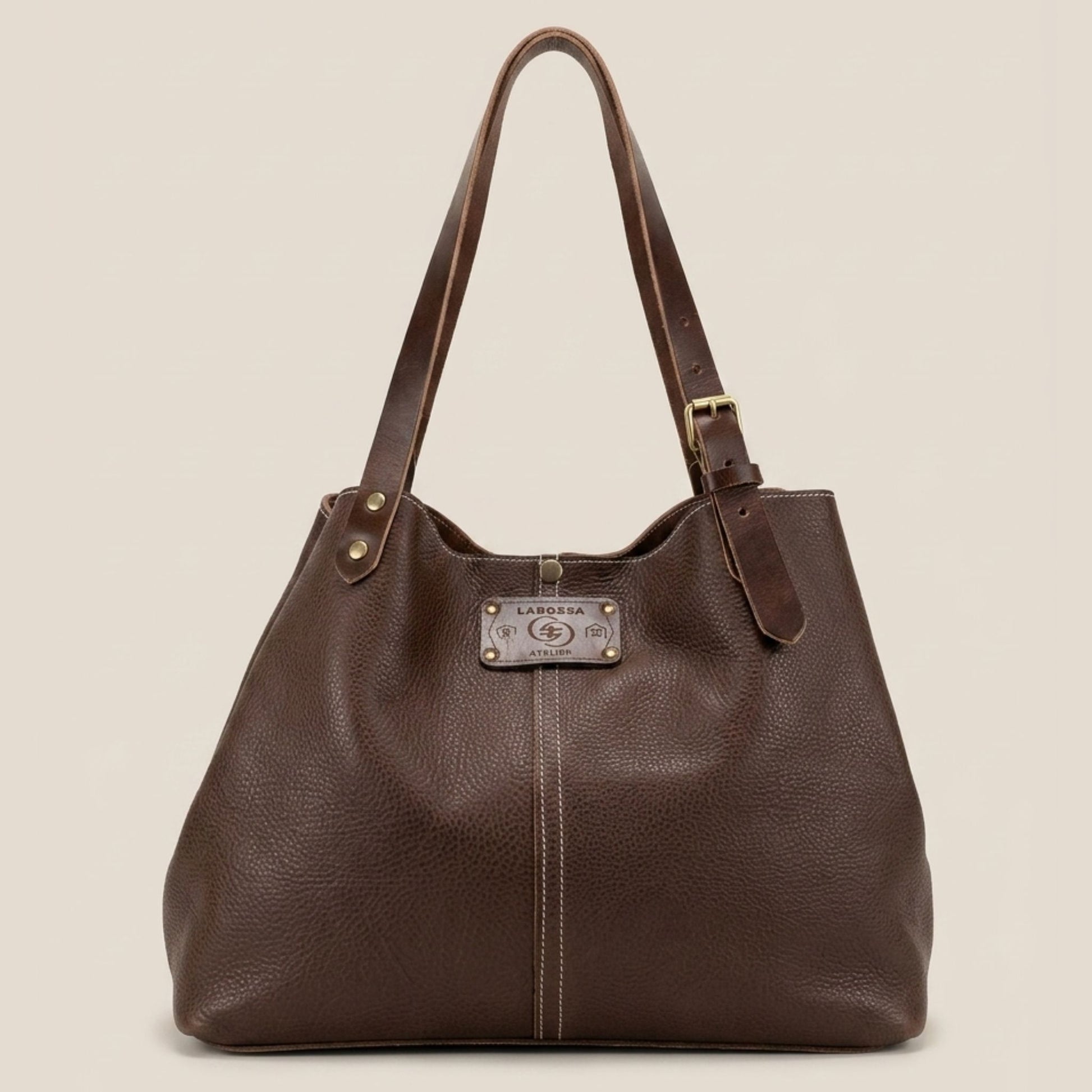 Sac cabas cuir Minerva chocolat fermé, vue de face — Labossa Atelier