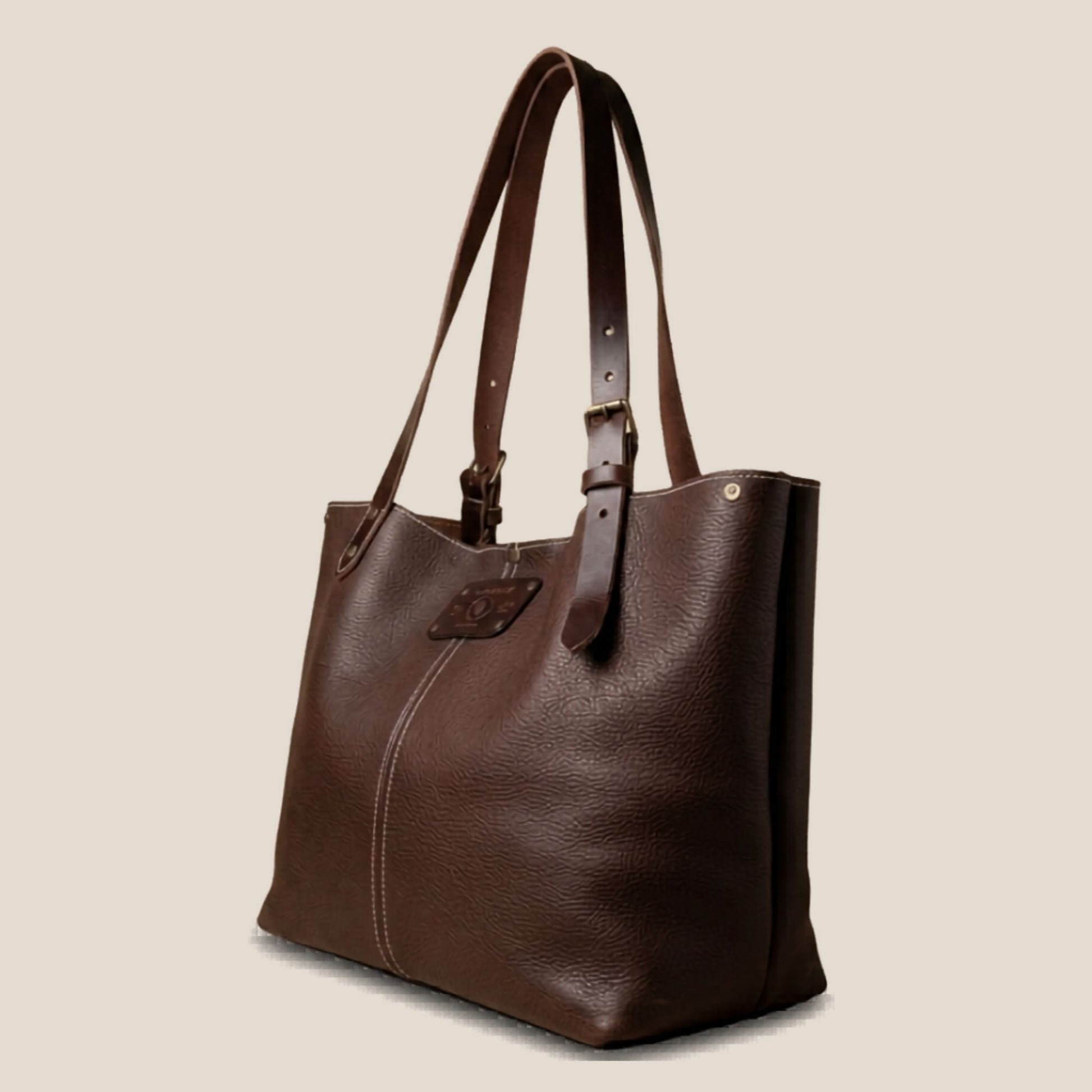 Sac cabas cuir Minerva chocolat, vue de profil — 60x30x15 cm
