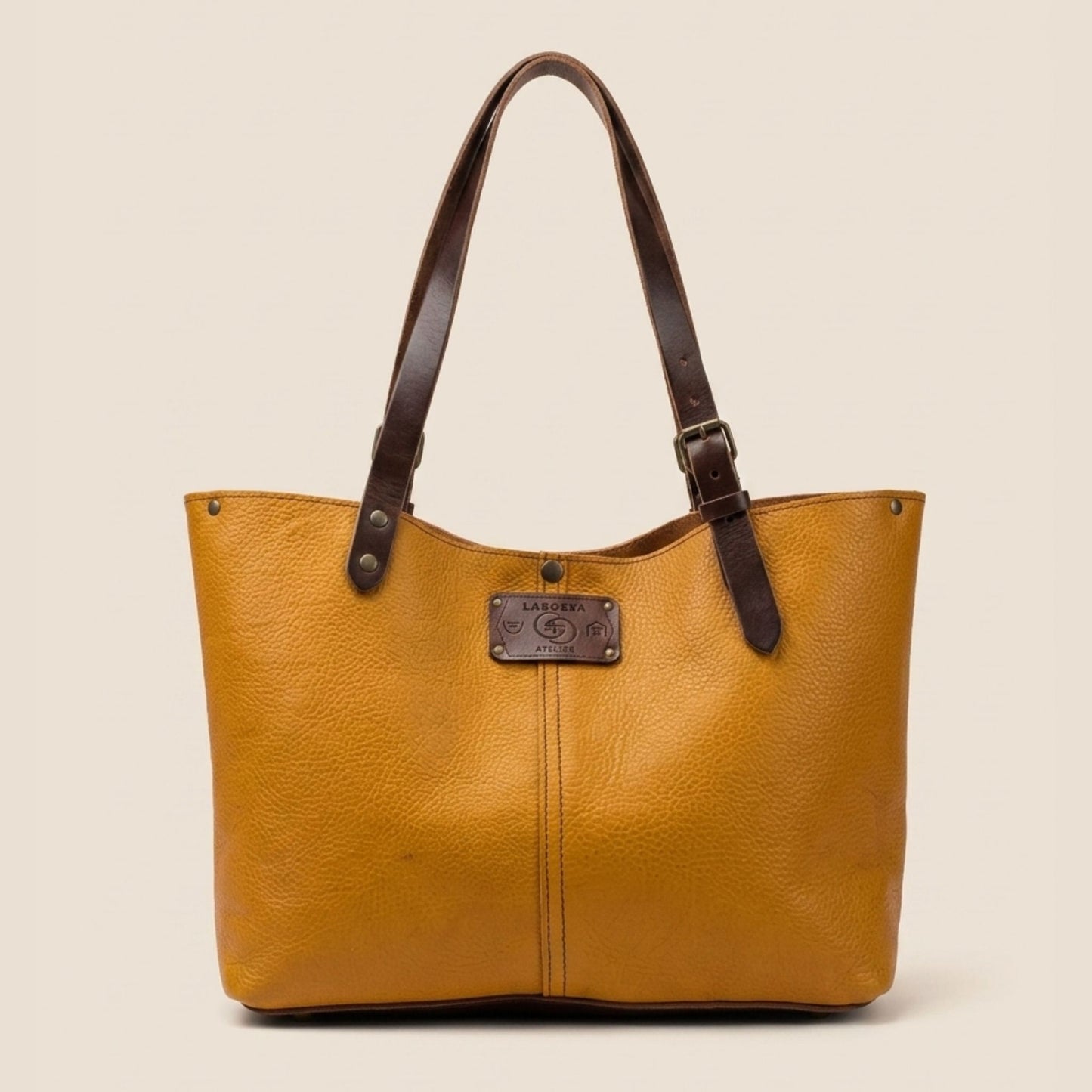 Sac cabas cuir Minerva moutarde et chocolat ouvert — Labossa Atelier, fait à Roubaix
