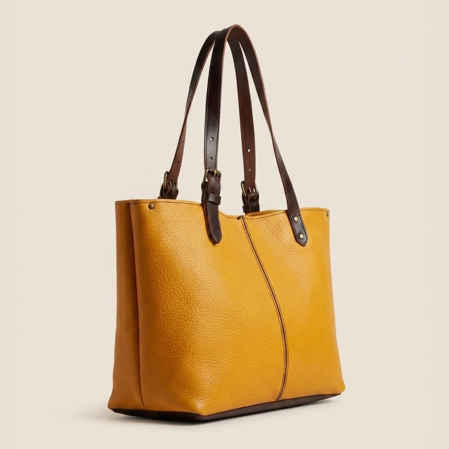 Sac cabas cuir Minerva moutarde et chocolat, vue de profil — Labossa Roubaix