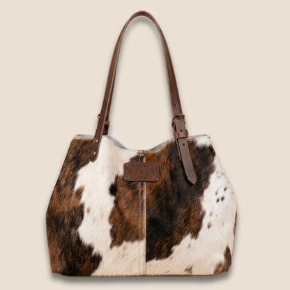 Sac cabas artisanal peau de vache Normande, cuir Primavera chocolat – face avant