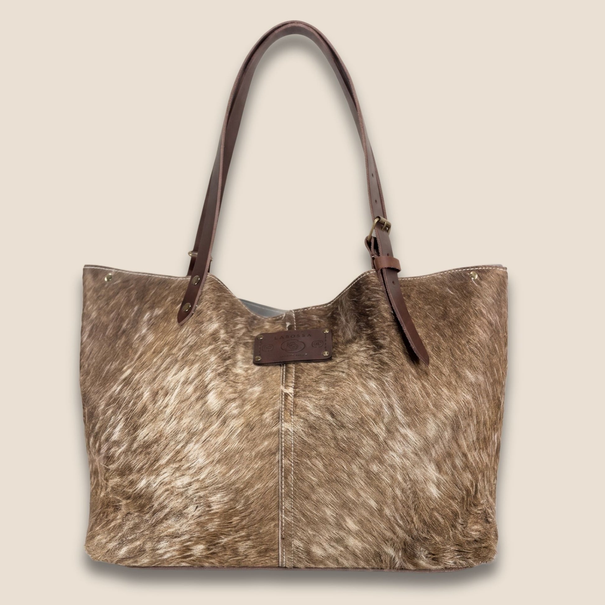 Cabas Labossa Brown Swiss #13/123 – vue de face ouvert, peau beige foncé mouchetée et cuir Primavera chocolat