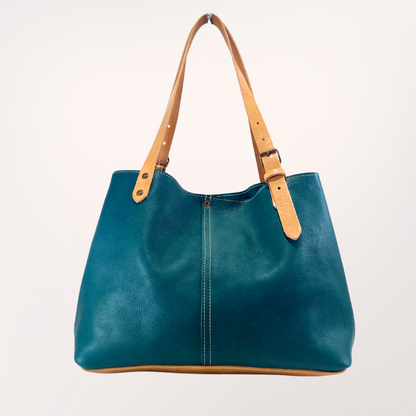 Sac cabas cuir Minerva bleu canard, vue de profil — tannage végétal Badalassi