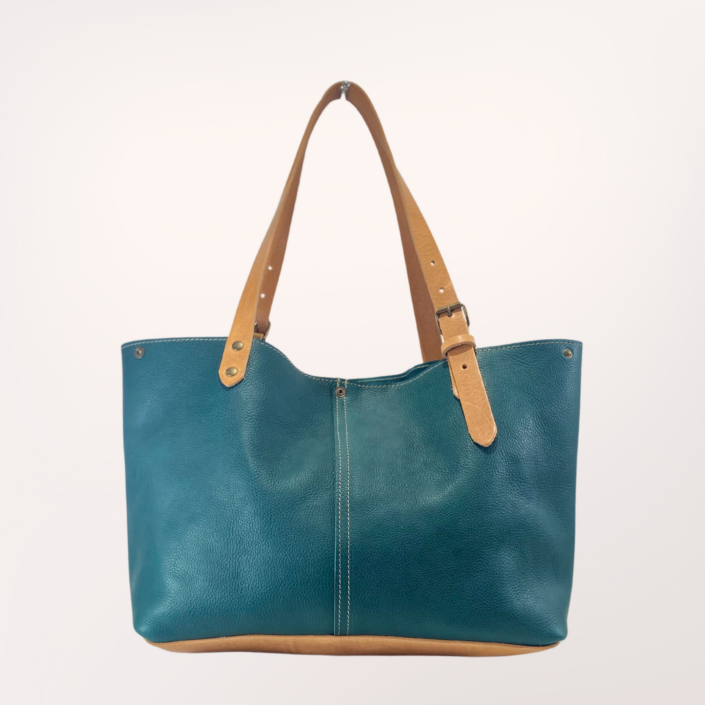 Sac cabas cuir Minerva bleu canard & naturel, vue de face fermé — Labossa Roubaix