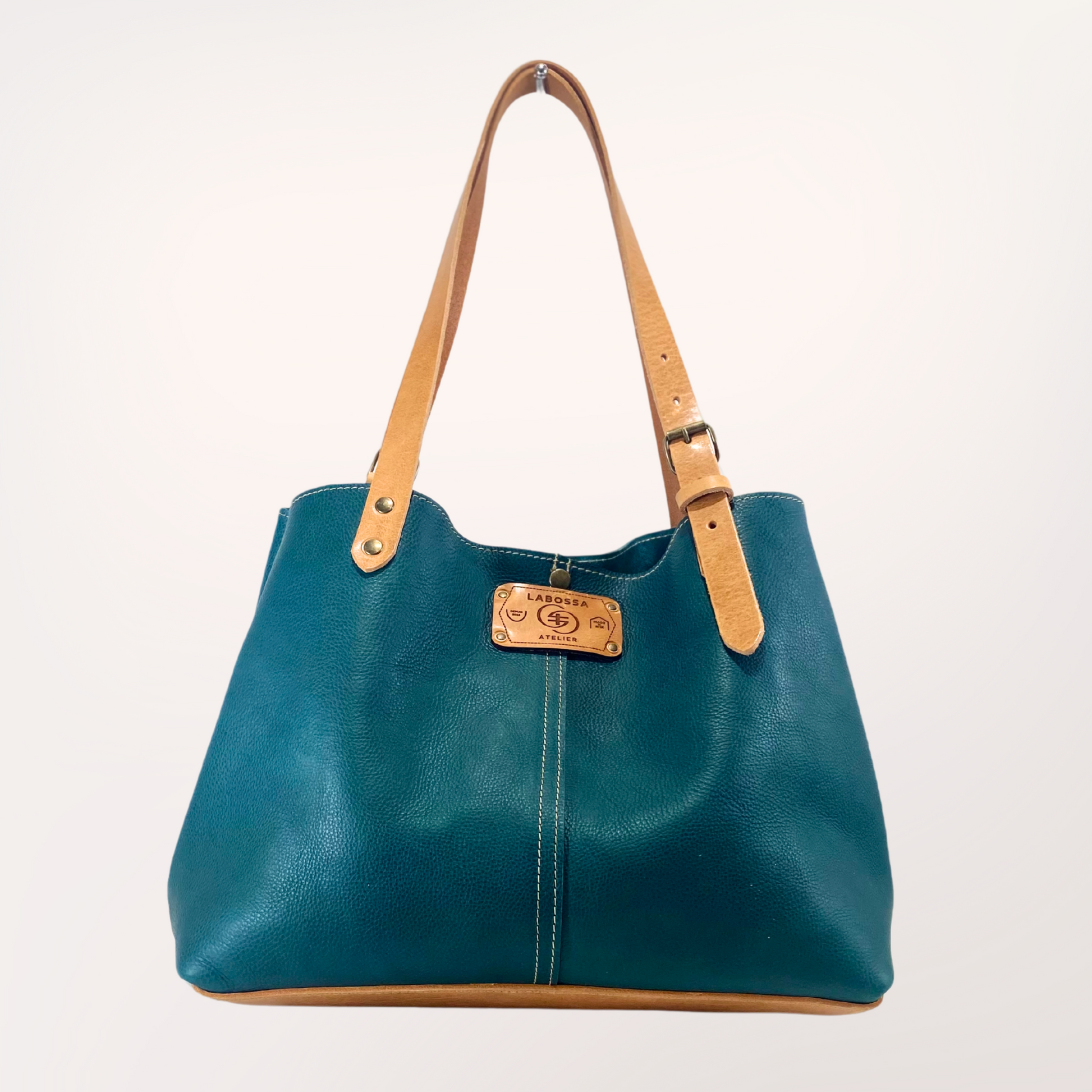 Sac cabas cuir Minerva bleu canard & naturel, vue principale — fait à Roubaix