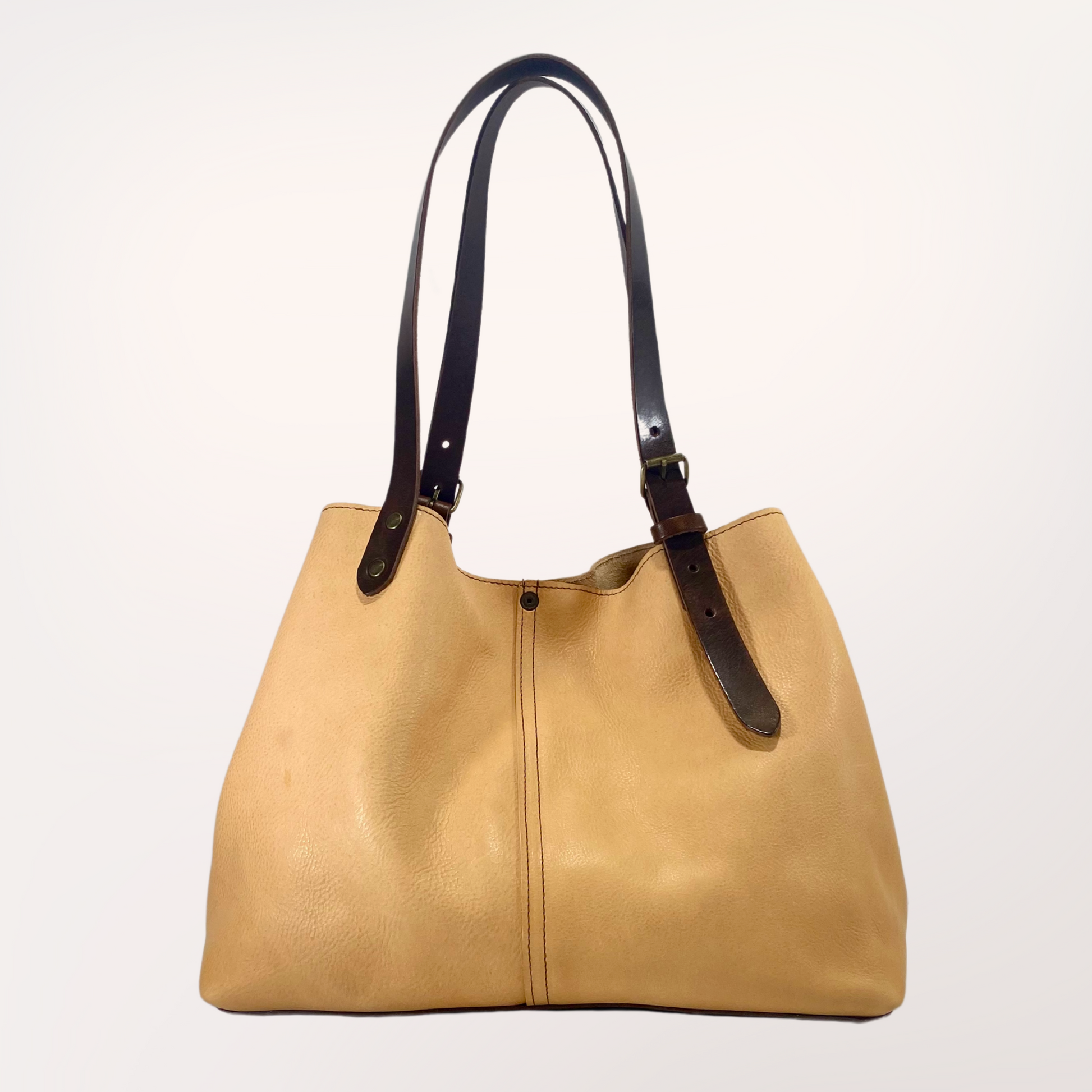 Sac cabas cuir Minerva naturel & chocolat, vue de dos ouvert — Labossa Atelier