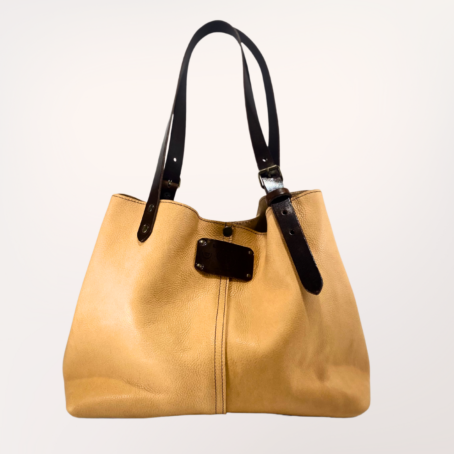 Sac cabas cuir Minerva naturel & chocolat, vue de profil — Labossa Roubaix