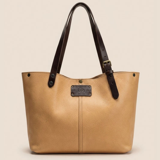 Sac cabas cuir Minerva naturel & chocolat, vue de face — Labossa Atelier, fait à Roubaix