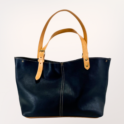 Sac cabas cuir Minerva noir & naturel, vue de dos ouvert — Labossa Atelier