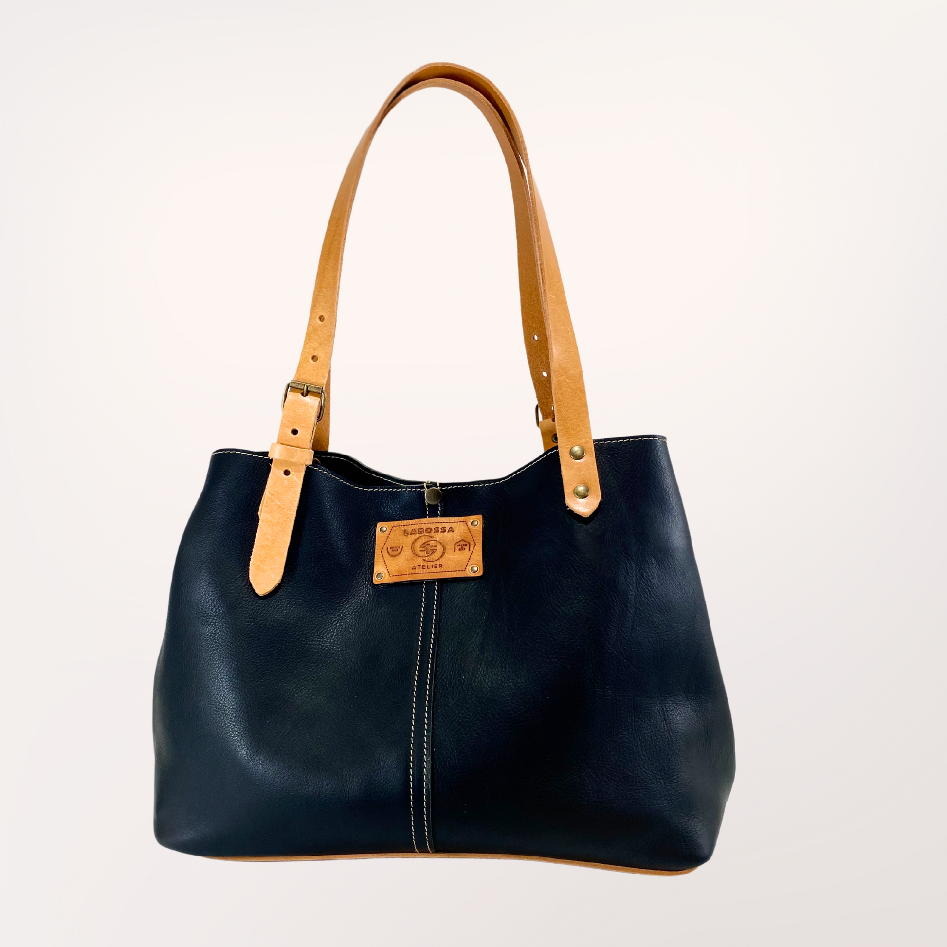 Sac cabas cuir Minerva noir & naturel fermé, vue de face — Labossa Atelier