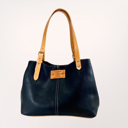 Sac cabas cuir Minerva noir & naturel fermé, vue de face — Labossa Atelier