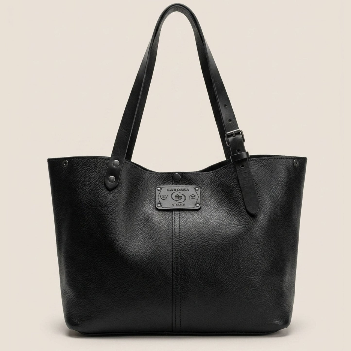Sac cabas cuir noir Minerva ouvert — Labossa Atelier, fait à Roubaix