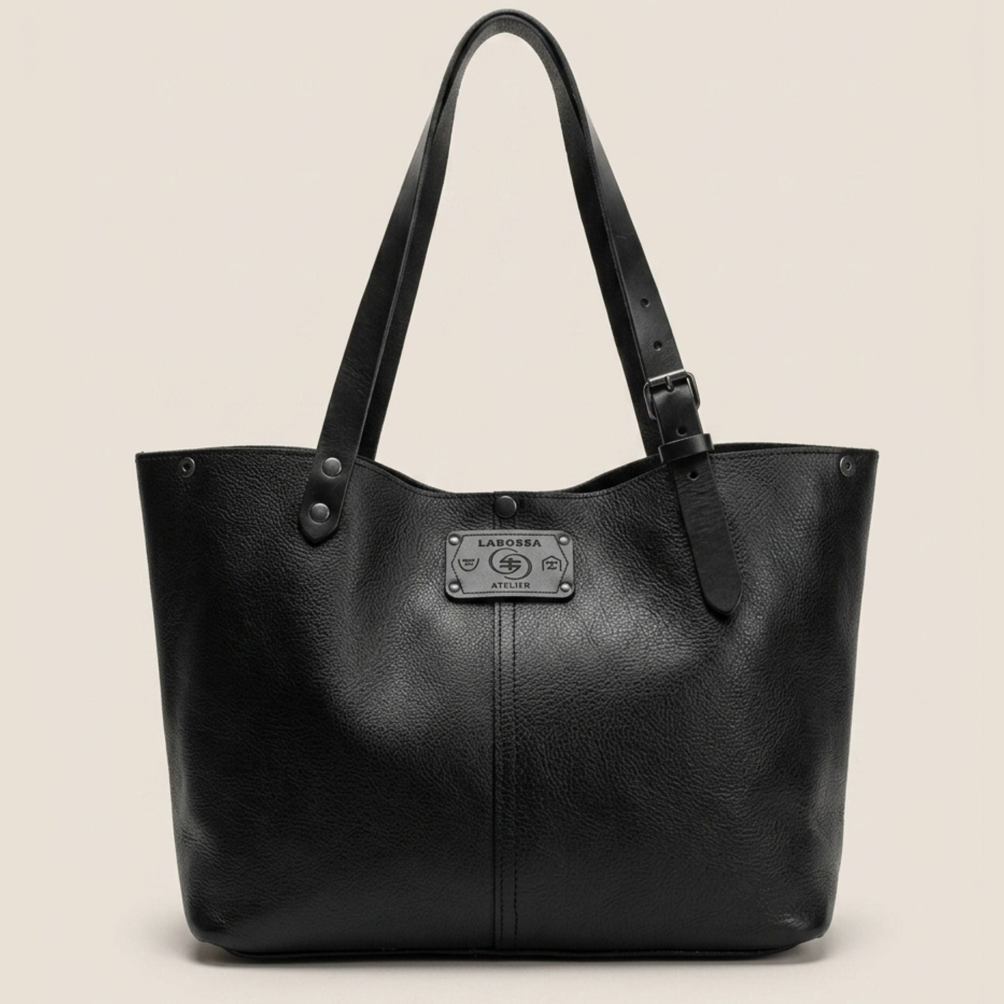 Sac cabas cuir noir Minerva ouvert — Labossa Atelier, fait à Roubaix