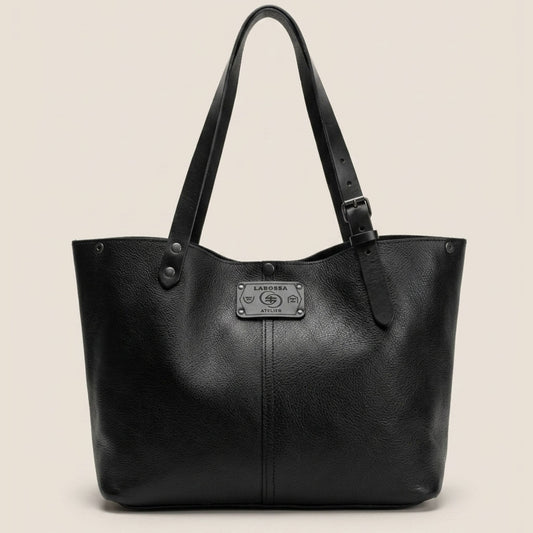 Sac cabas cuir noir Minerva ouvert — Labossa Atelier, fait à Roubaix