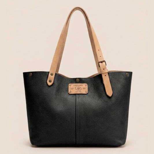 Sac cabas cuir Minerva noir & naturel ouvert — Labossa Atelier, fait à Roubaix