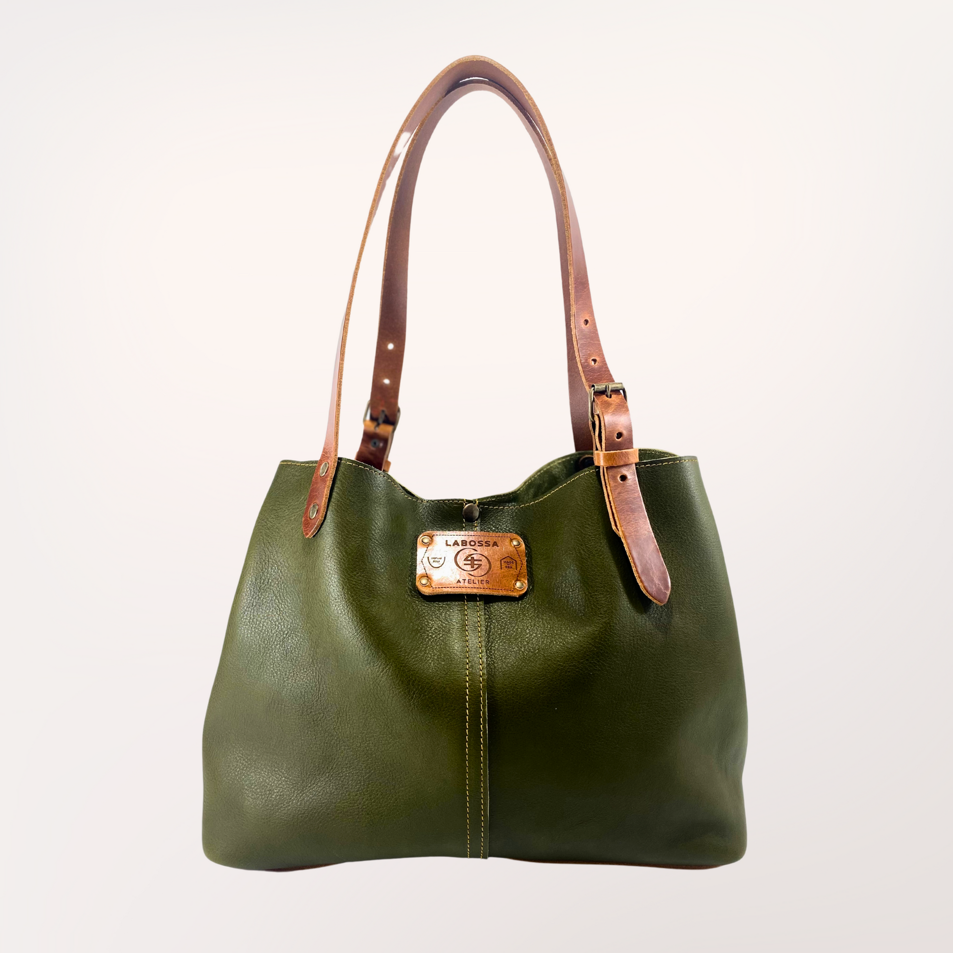 Sac cabas cuir Minerva vert olive & cognac, vue de profil — Labossa Roubaix
