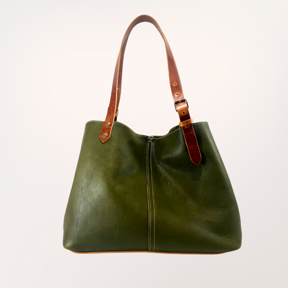Sac cabas cuir Minerva vert olive & cognac, vue de dos ouvert — Labossa Atelier