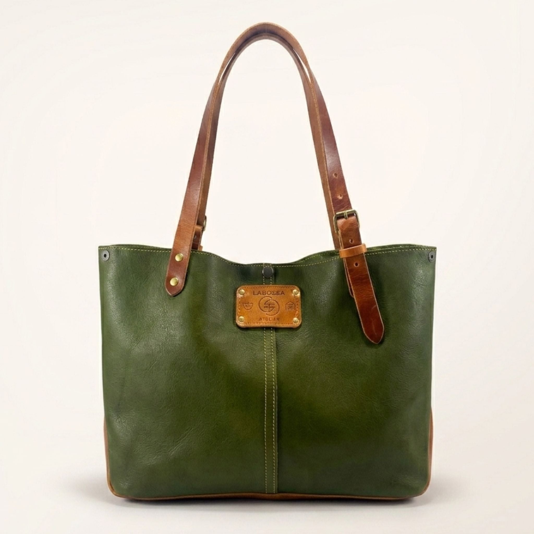 Sac cabas cuir Minerva vert olive & cognac ouvert — Labossa Atelier, fait à Roubaix