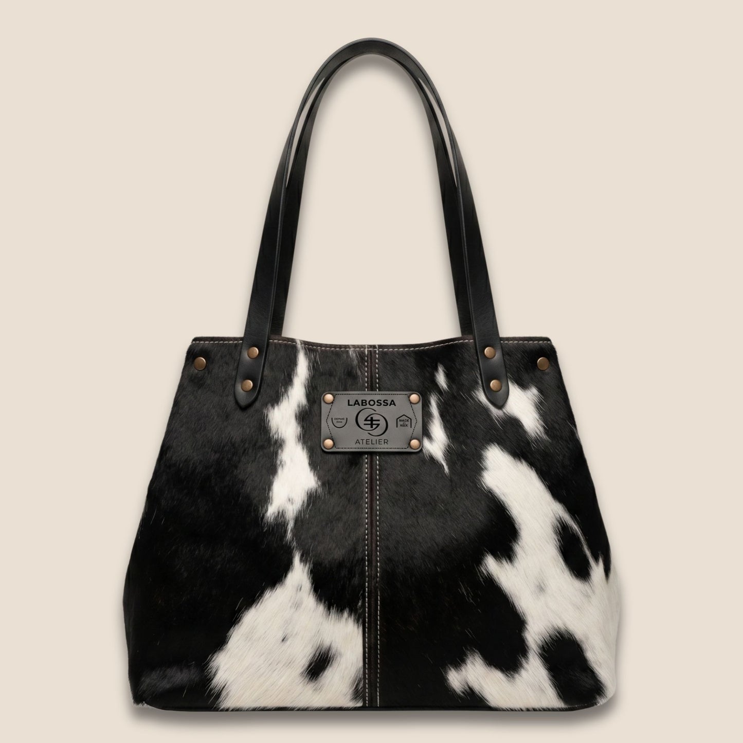 Sac cabas Holstein #27/130 forme réduite vue de face – cuir pleine fleur noir et blanc