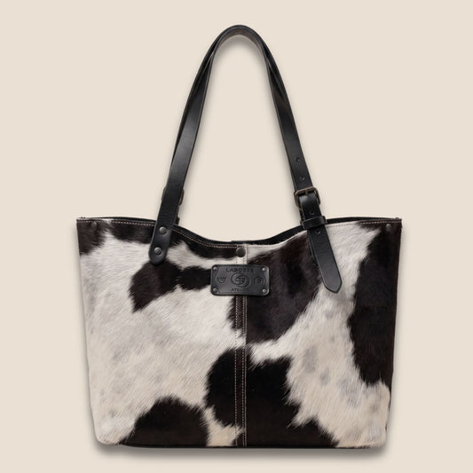 Cabas peau de vache Holstein noir & blanc #13/128 – vue de face – Labossa Atelier