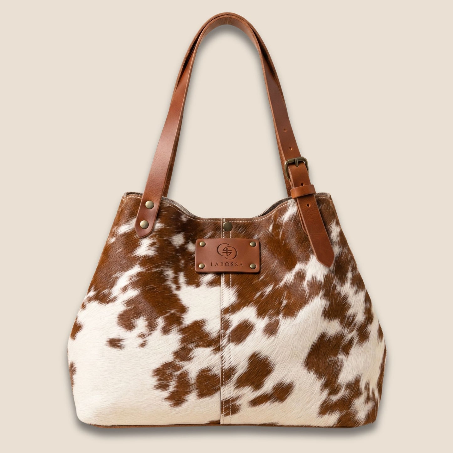 Cabas peau de vache Montbéliarde N°27/134 – forme réduite vue de face – Labossa Atelier