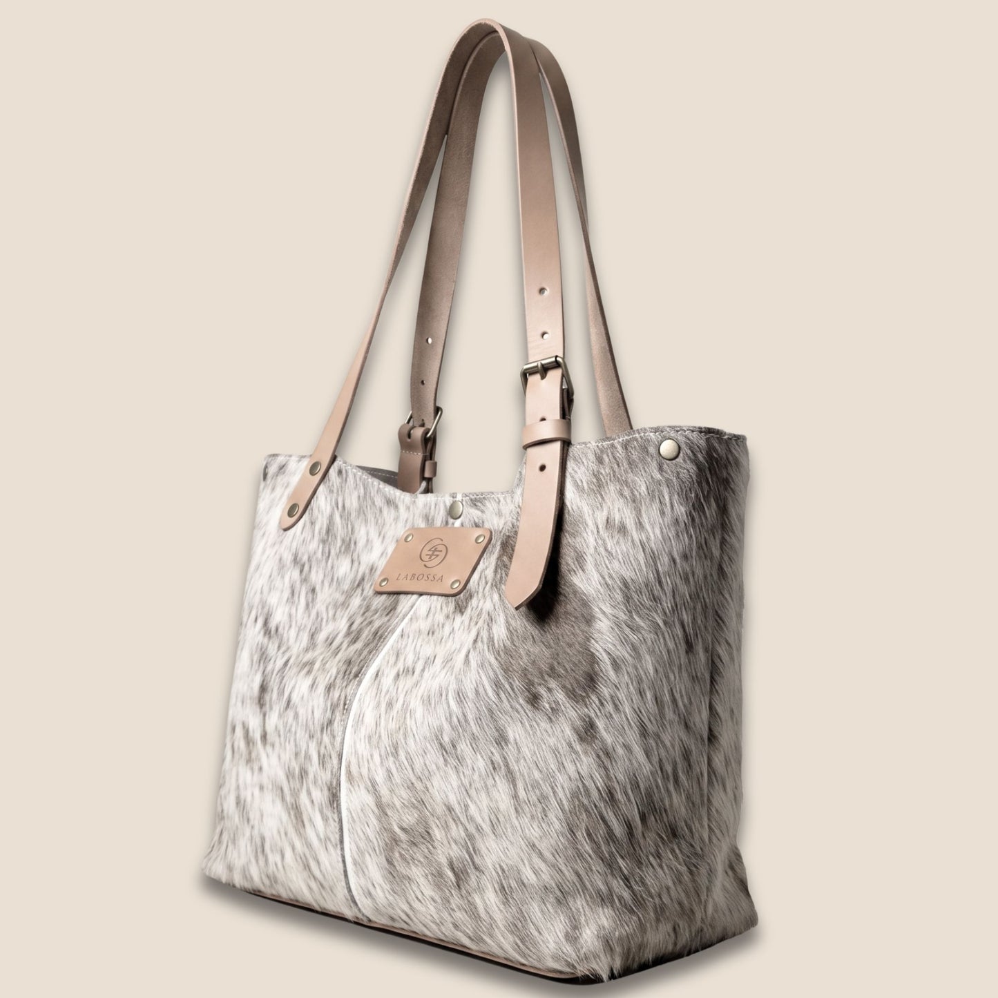 Cabas Brown Swiss beige #27/145 de profil, lanières en cuir Primavera