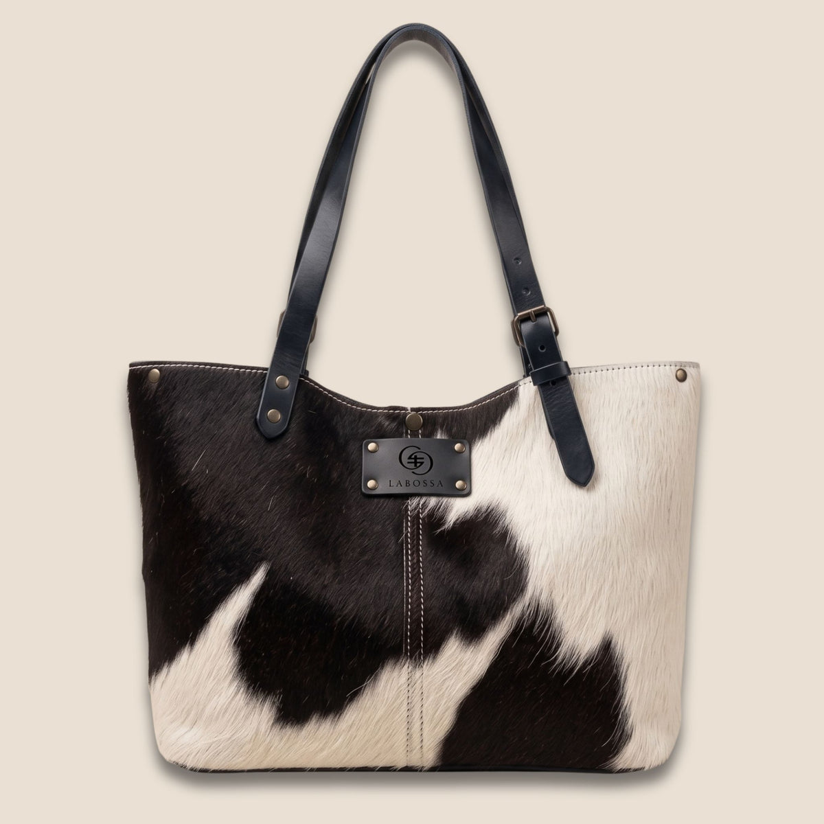 Cabas en peau de vache naturelle Holstein #13/157, vue de face, robe noir et blanc