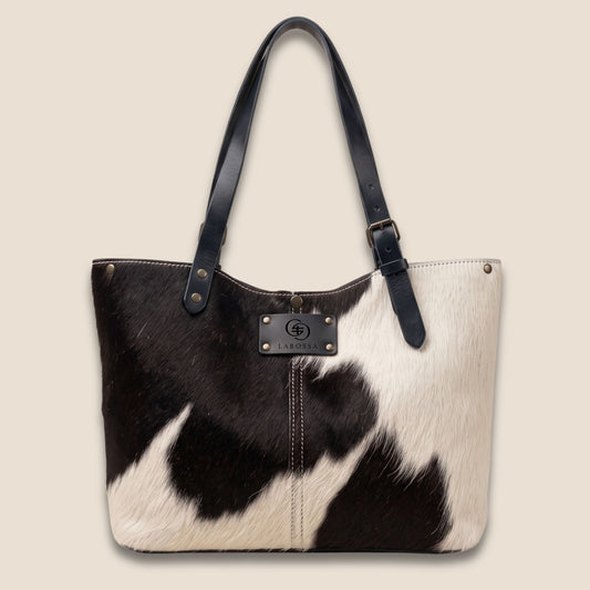 Cabas en peau de vache naturelle Holstein #13/157, vue de face, robe noir et blanc