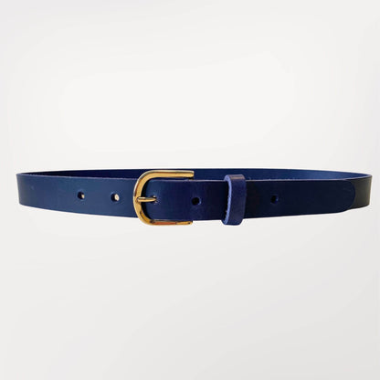 Ceinture artisanale en cuir bleu Indigo Labossa 30mm avec boucle dorée élégante.