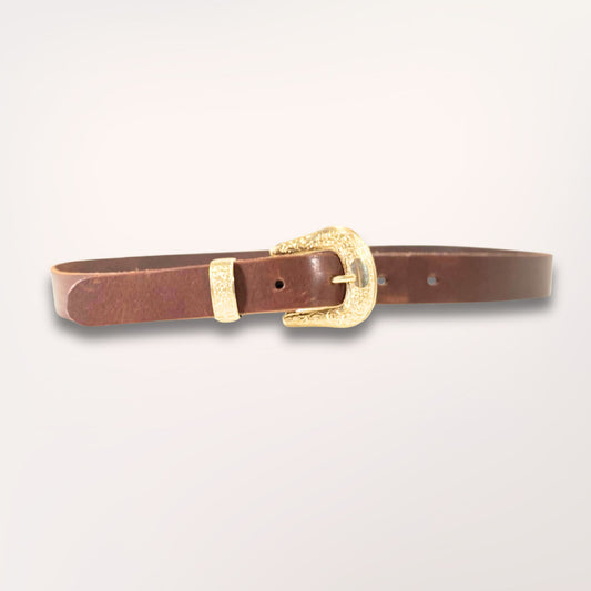Ceinture cuir marron chocolat 30 mm Labossa avec bouclerie style Arizona dorée, fabrication française à l'atelier.