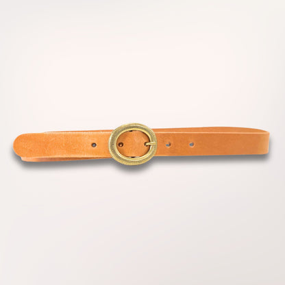 Ceinture cuir naturel Labossa 30mm avec boucle médaillon dorée style héritage.
