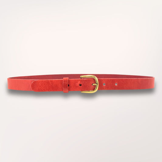 Ceinture en cuir rouge véritable Labossa 30mm avec boucle dorée, fabrication artisanale française.