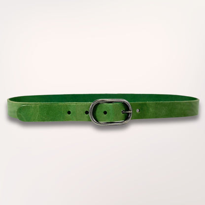 Ceinture en cuir véritable vert séquoia Labossa 30mm avec boucle argentée, artisanat français.