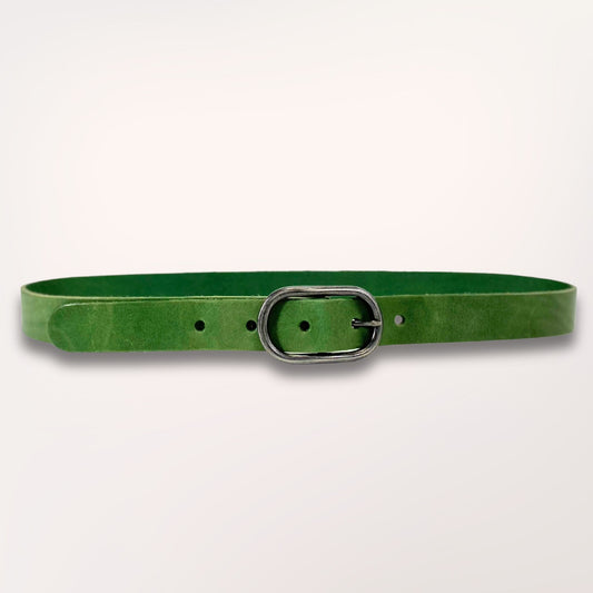 Ceinture en cuir véritable vert séquoia Labossa 30mm avec boucle argentée, artisanat français.