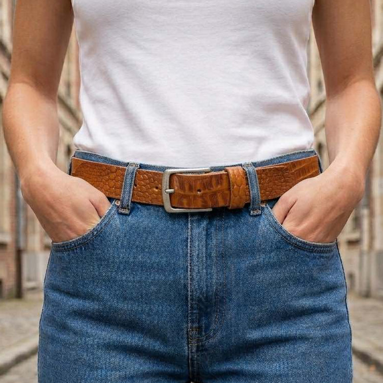 Ceinture en cuir cognac motif caïman portée, style chic et intemporel, accessoire de mode artisanal Labossa.