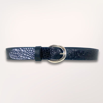 Ceinture Labossa Primavera noire en cuir embossé caïman, 35 mm, vue studio sur fond blanc, maroquinerie artisanale de Roubaix.