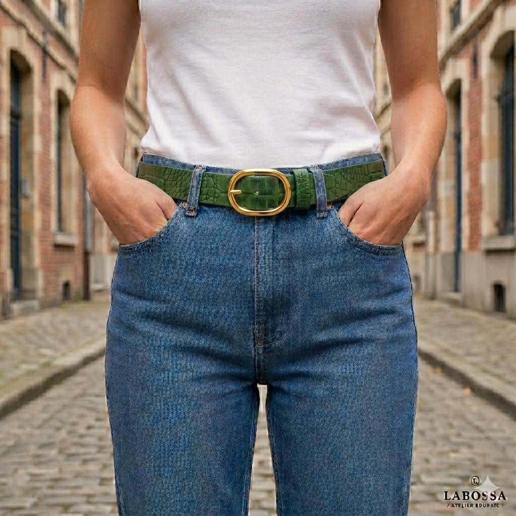 Ceinture cuir vert motif caïman portée sur un jean, style chic et audacieux, accessoire de mode artisanal Labossa.