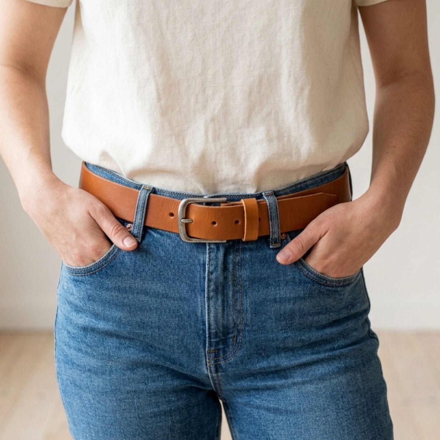 Ceinture cuir Primavera cognac 40 mm portée — maroquinerie artisanale Labossa