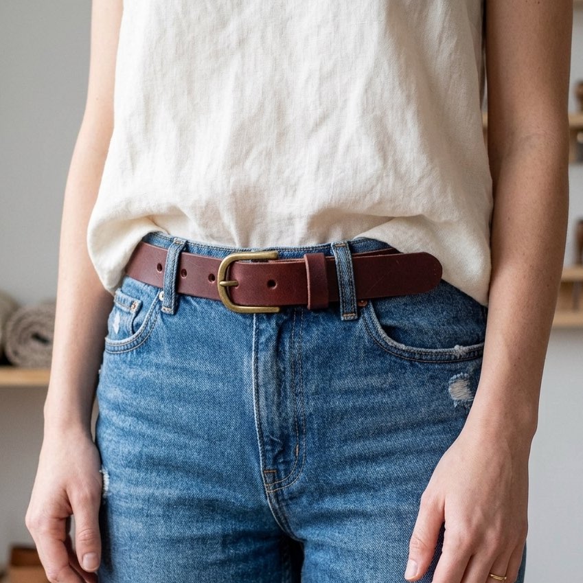 Ceinture cuir chocolat portée modèle- Labossa Atelier