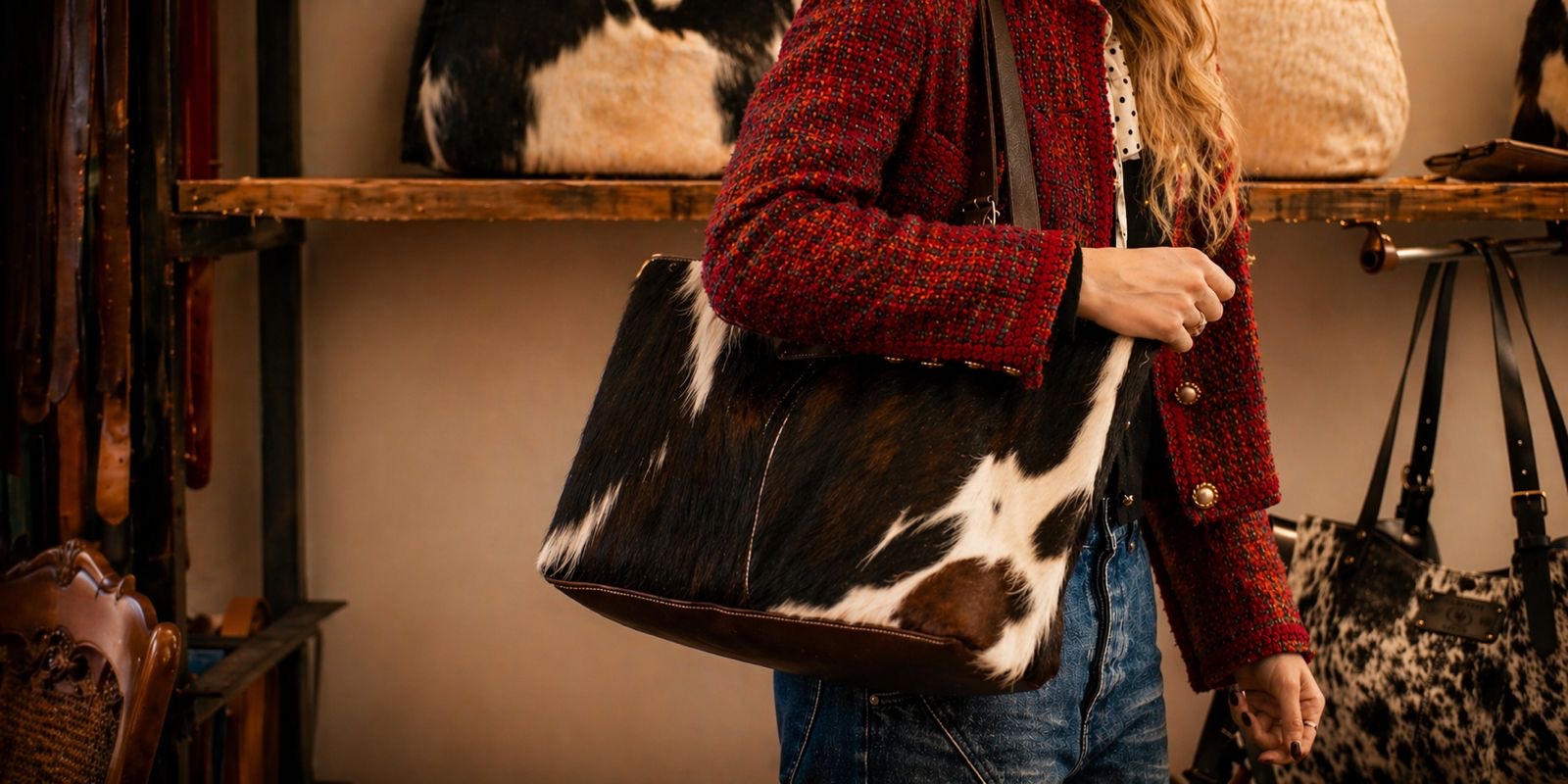 Sac à main en peau de vache naturelle, porté épaule, réalisé artisanalement dans l'atelier Labossa à Roubaix