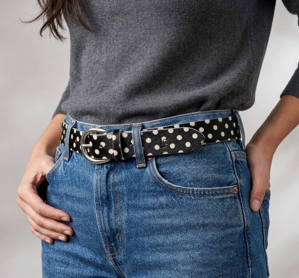 Ceinture Swing Labossa en cuir poil de vache motif pois noirs portée sur un jean brut, un accessoire artisanal chic et versatile fabriqué en France.