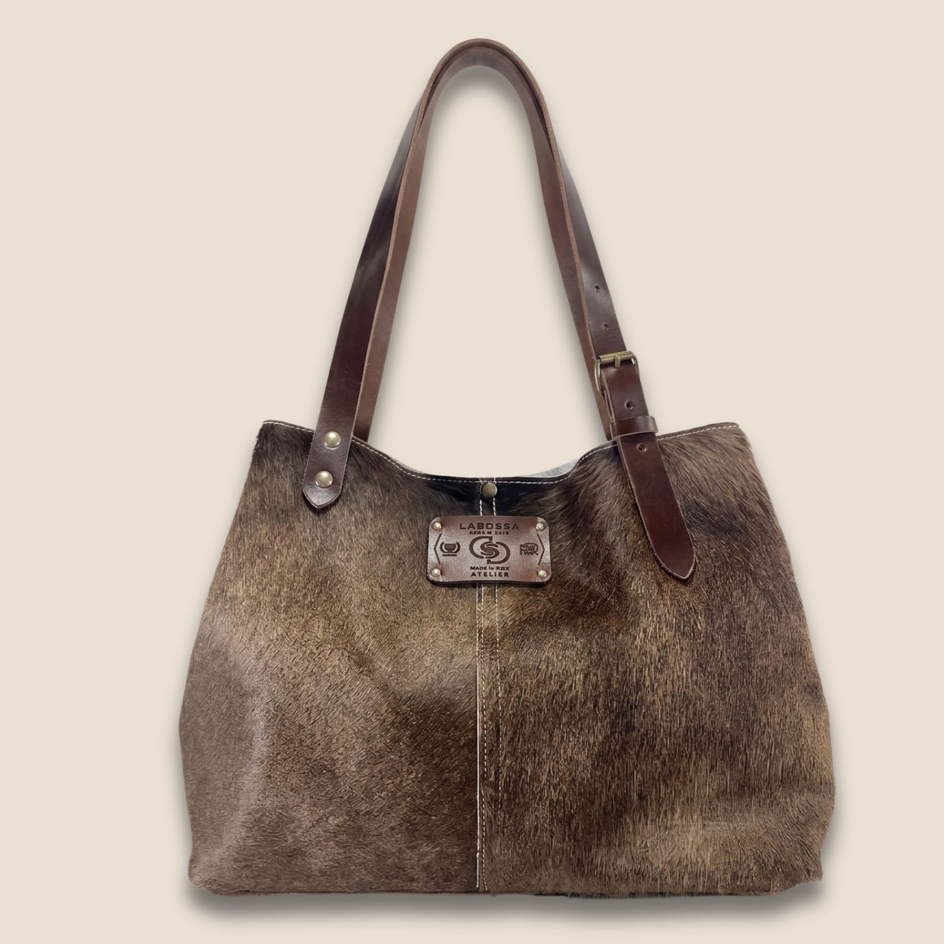 Cabas artisanal Brown Swiss taupe et blanc, vue de face réduite – fait main Roubaix