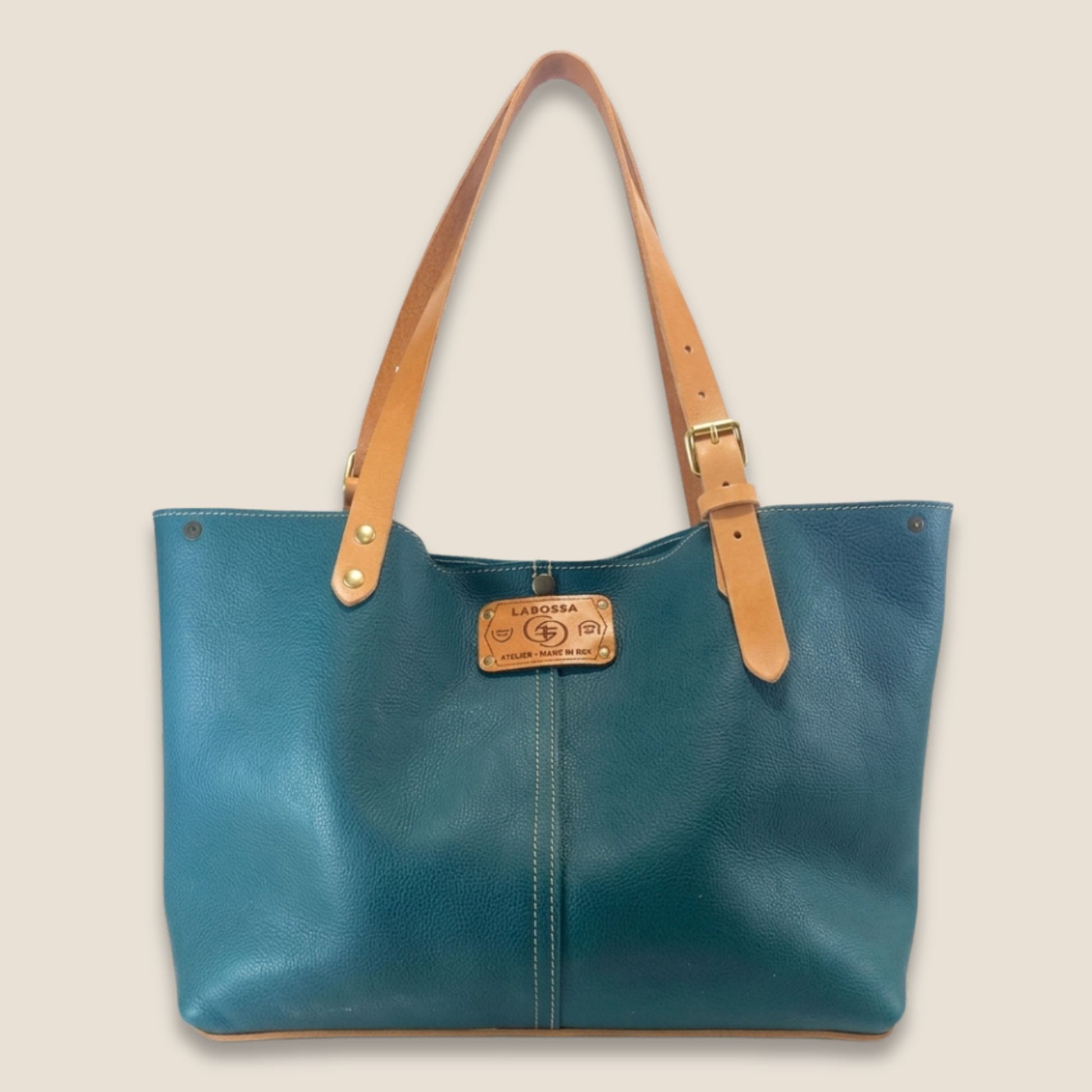 Sac cabas cuir Minerva bleu canard, lanière et fond naturel — Labossa Atelier
